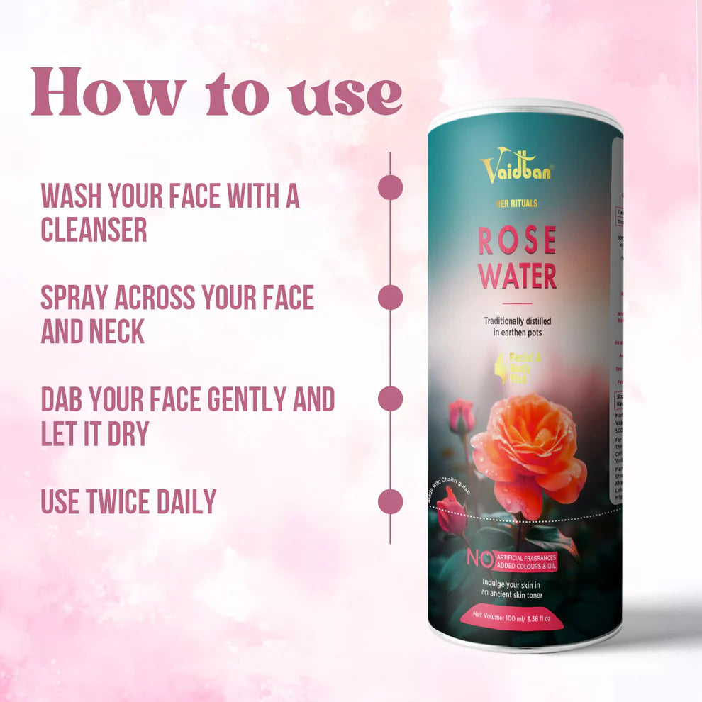 Vaidban Rose Water – Traditionally Distilled in Earthen Pots | Pure Facial & Body Mist | No Artificial Fragrance or Color | 100ml
