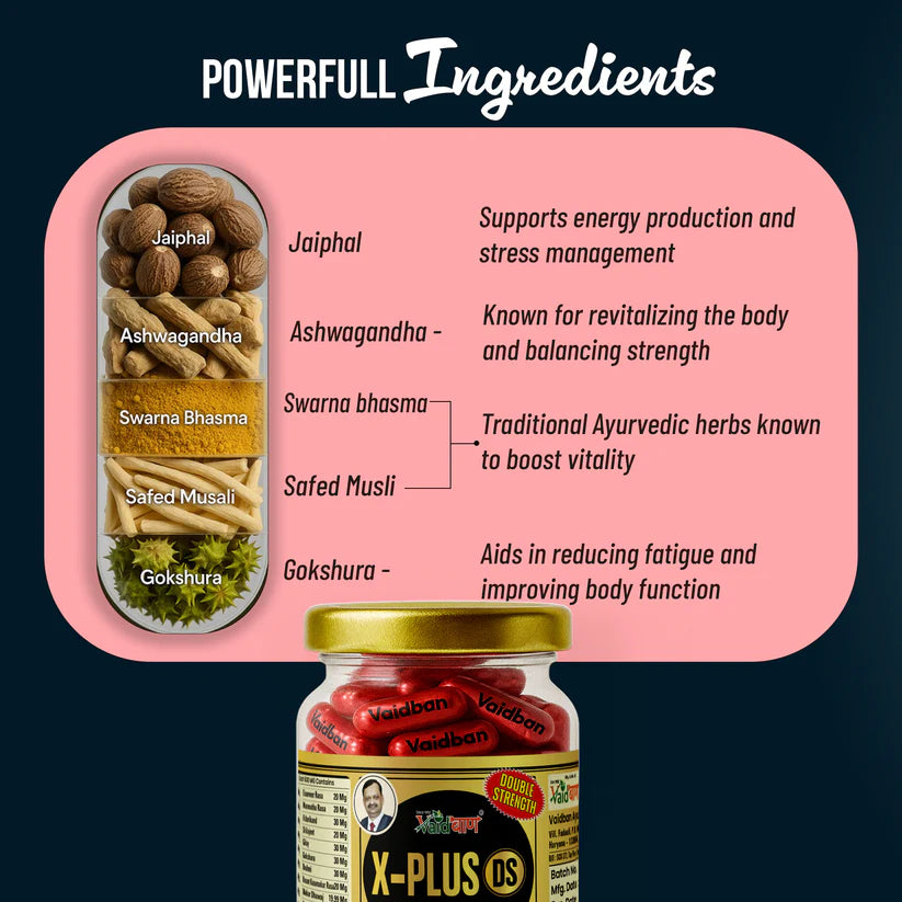Vaidban X-Plus Gold DS Capsules – Double Strength Ayurvedic Formula for Stamina, Vitality & Men's Wellness