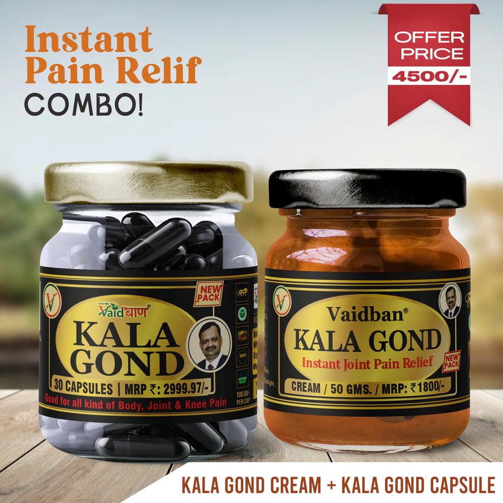 Vaidban Kala Gond Capsules & Kala Gond Cream Combo - Pain Relief Combo for Joint Pain, Knee Pain, Back & Shoulder Pain