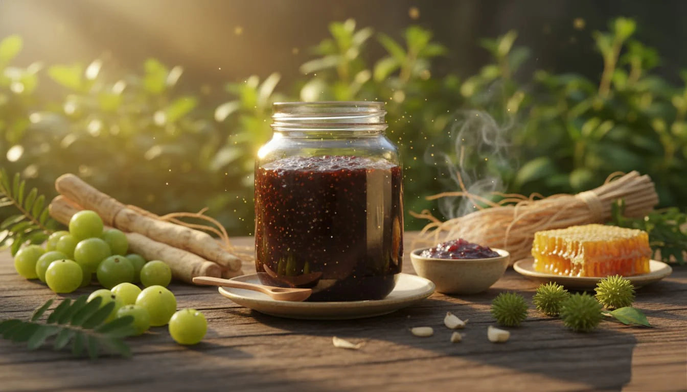 Ayurvedic ingredients and jar