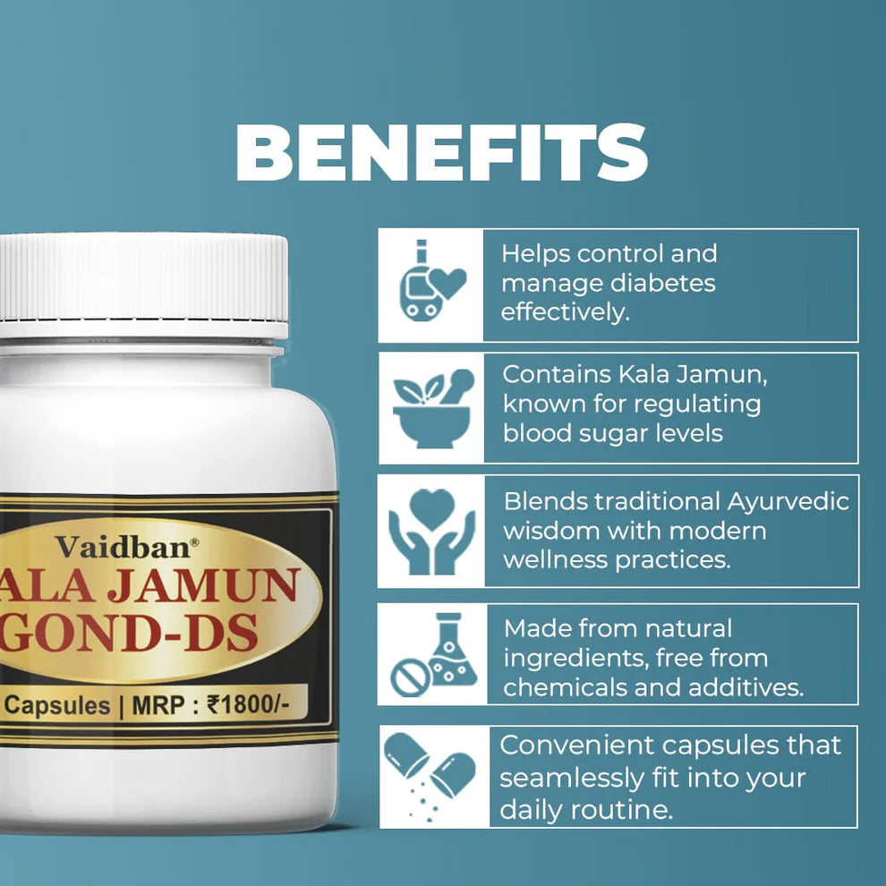 Vaidban Kala Jamun Gond-DS Capsules - Double Strength Formula to Control Diabetes & Blood Sugar Levels